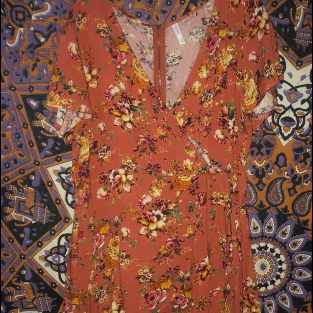 Orange floral wrap dress
